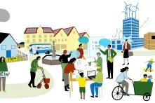 Green Cities: Bunte Zeichnung Häuser, Windkrafträder und Menschen zu Fuß oder mit Lastenfahrrad...