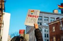 A sign saying "Love Trumps Hate" on a LGBT Solidarity Rally in New Yorkk