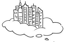 Zeichnung von der Skyline einer Stadt auf einer Wolke