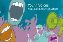 Young Voices: Asia, Latin America, Africa: Colorful drawing. Mouths, demonstrants, loudspeakers.