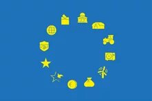 Mehrere Icons sind in einem Kreis angeordnet, um der EU Flagge ähnlich zu sehen