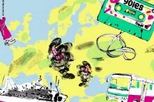 Illustration: Colorful elements such as a cassette labeled "90ies," a bus, a ship, a bicycle, and a hanging statue in front of a map of Europe.