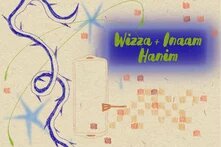 Illustration: Blaue, dornenähnliche Linien, grüner Text „Wizza + Inaam Hanim“ auf blauem Hintergrund, daneben der Umriss eines Smartphones, umgeben von abstrakten Formen.