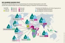 Wasseratlas Infografik: Wo sauberes Wasser fehlt Todesfälle pro 100.000 Menschen im Zusammenhang mit unsicheren Wasserquellen im Jahr 2021 und die zehn Länder der Welt mit dem schlechtesten Zugang zu Trinkwasser und Sanitärversorgung