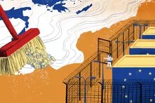 Cover Dossier: Externalisation of migration & asylum Illustration: A broom sweeps groups of people from Europe into a fenced camp marked with EU flags, guarded by one person.