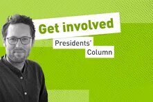 Co-President of the Heinrich Böll Foundation Jan Philipp Albrecht on a green background with the words “Get Involved - Presidents' Column”