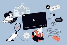 Strategien für ein gesundes digitales Informationsökosystem Illustration mit Symbolen für ein digitales Informationsökosystem: Person am Laptop, Video-Player, Chatblasen, Lupe und Parlamentsgebäude im Hintergrund.