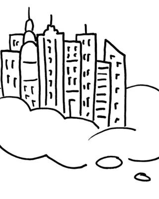 Zeichnung von der Skyline einer Stadt auf einer Wolke