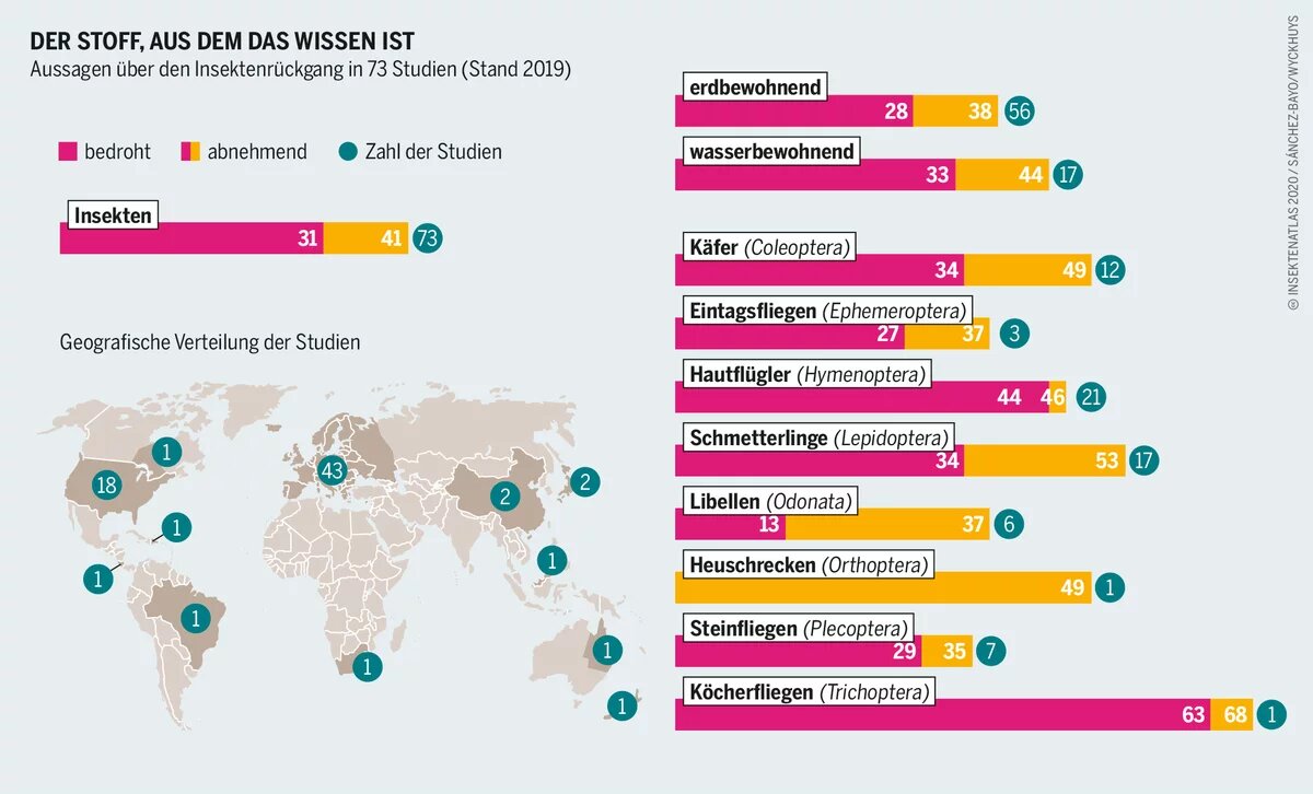 Grafik: Aussagen über den Insektenrückgang in 73 Studien (Stand 2019) 