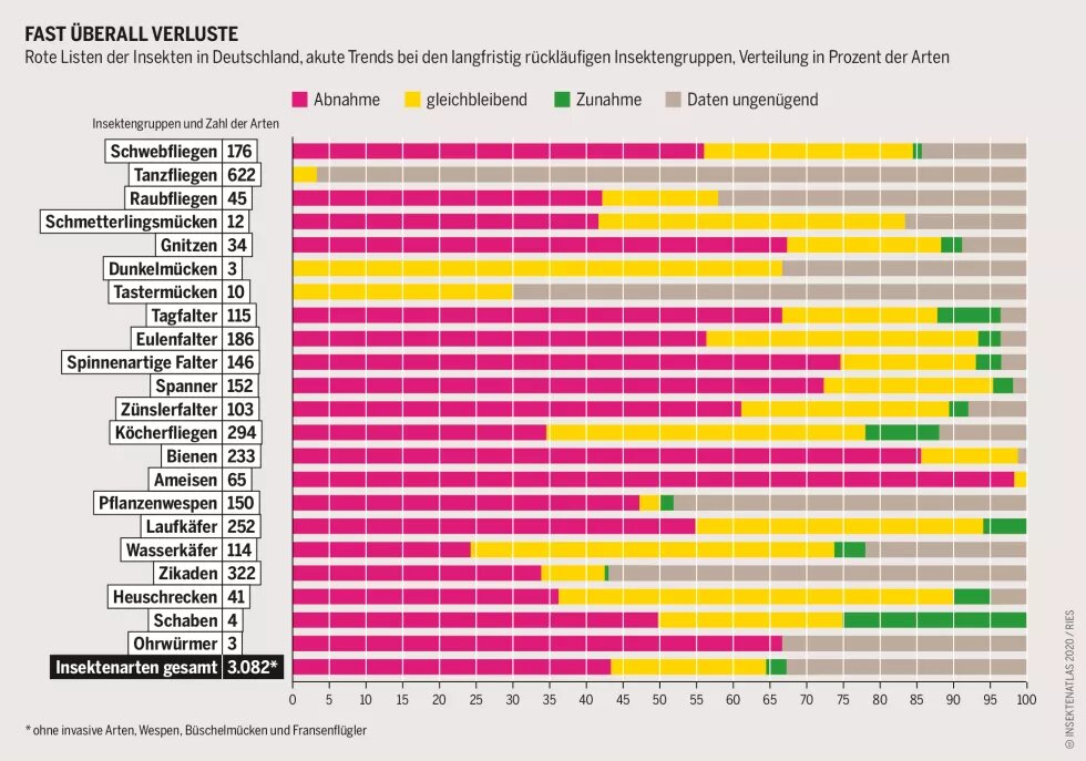Grafik: Rote Listen der Insekten in Deutschland, akute Trends bei den langfristig rückläuﬁgen Insektengruppen, Verteilung in Prozent der Arten