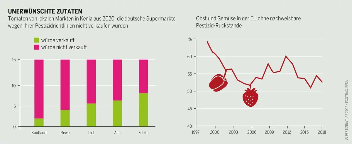 Pestizidatlas Infografik: Tomaten von lokalen Märkten in Kenia aus 2020, die deutsche Supermärkte wegen ihrer Pestizidrichtlinien nicht verkaufen würden