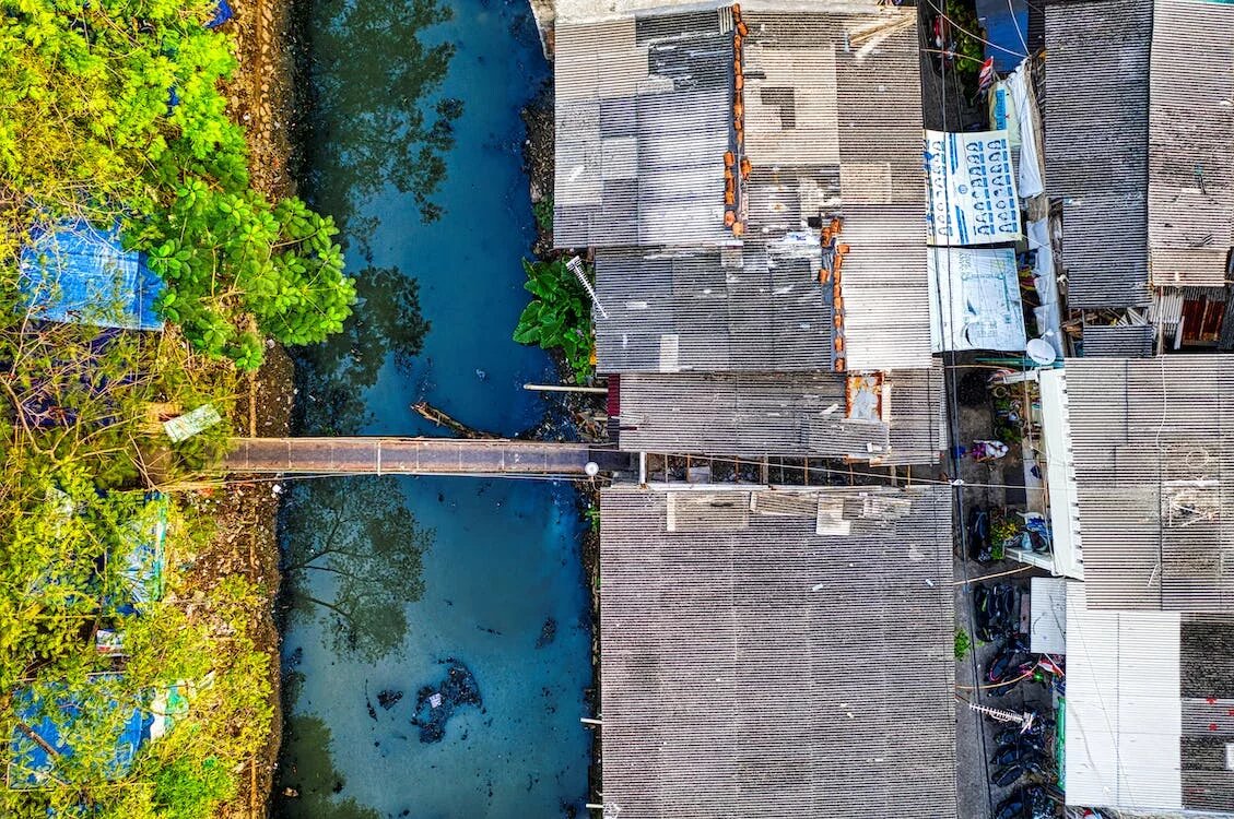 A poor neighborhood in Jakarta (Indonesia) portrayed in a bird view.