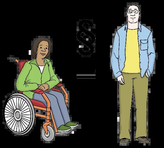 Illustration: Rollstuhlfahrer*in und Mensch ohne Rollstuhl verbunden durch ein =