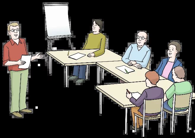 Illustration - Schulungsraum, ein Lehrer, 5 Personen sitzen an Tischen, eine Tafel
