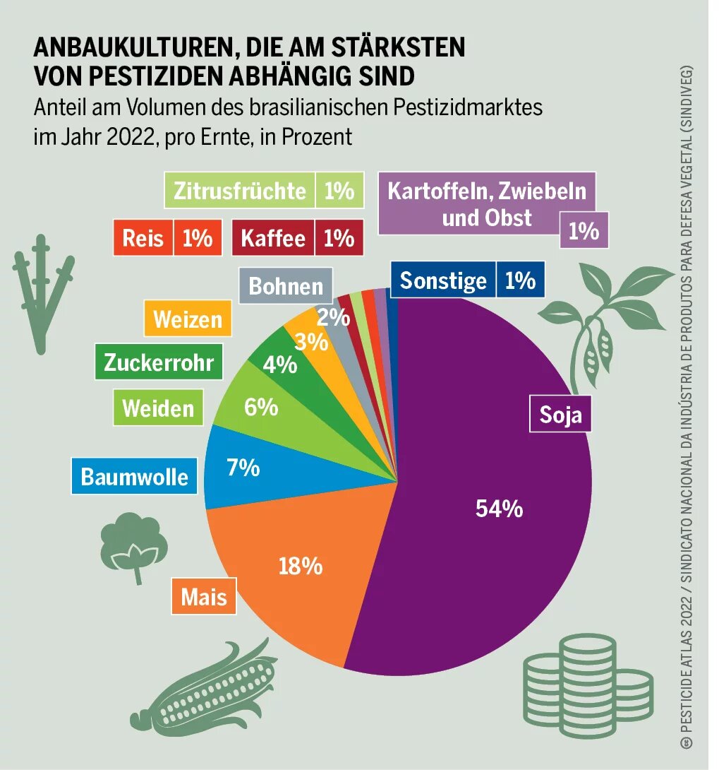 Die meisten Pestizide werden für sogenannte commodities eingesetzt, d.h. für den Anbau von für den Handel bestimmten landwirtschaftliche Erzeugnissen. Den größten Anteil am Pestizidmarkt hat mit 54% der Anbau von Soja.