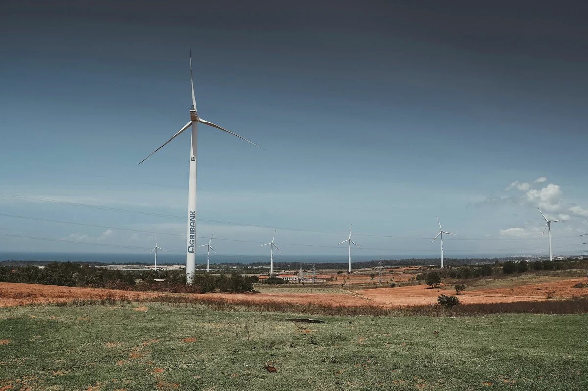 Several white wind power plants on a green landscape