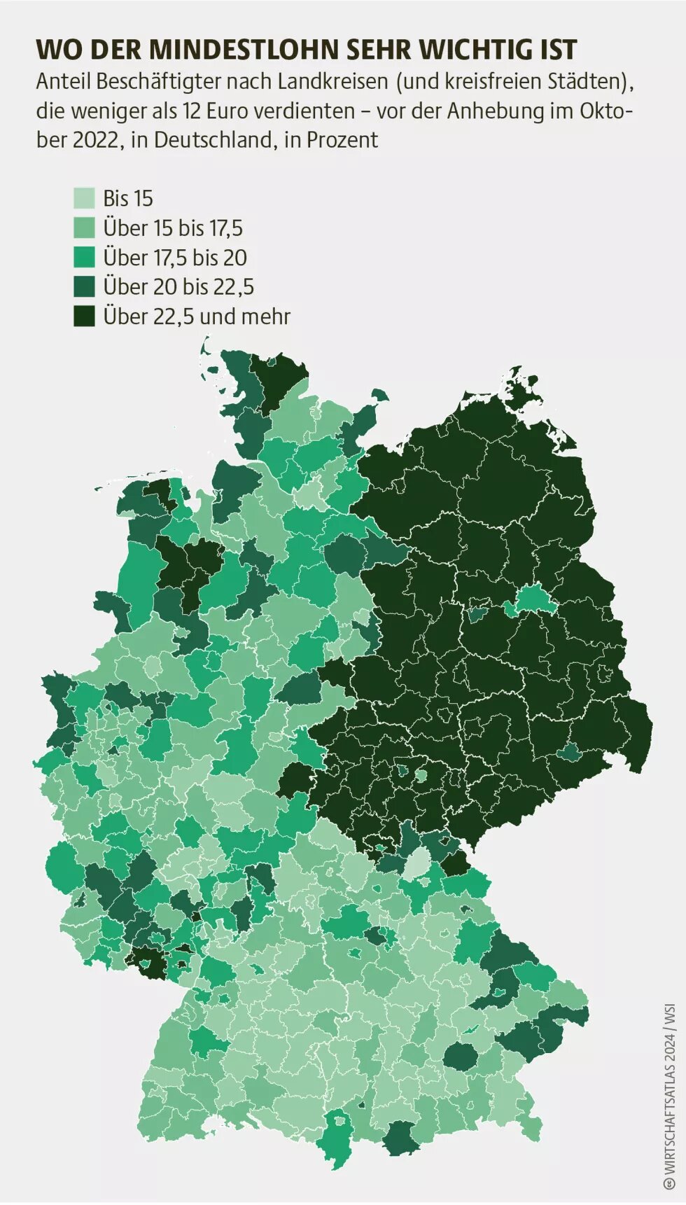 Anteil Beschäftigter nach Landkreisen (und kreisfreien Städten), die weniger als 12 Euro verdienten – vor der Anhebung im Oktober 2022, in Deutschland, in Prozent