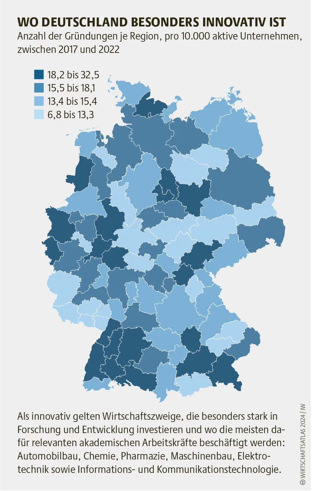 Anzahl der Gründungen je Region, pro 10.000 aktive Unternehmen,  zwischen 2017 und 2022