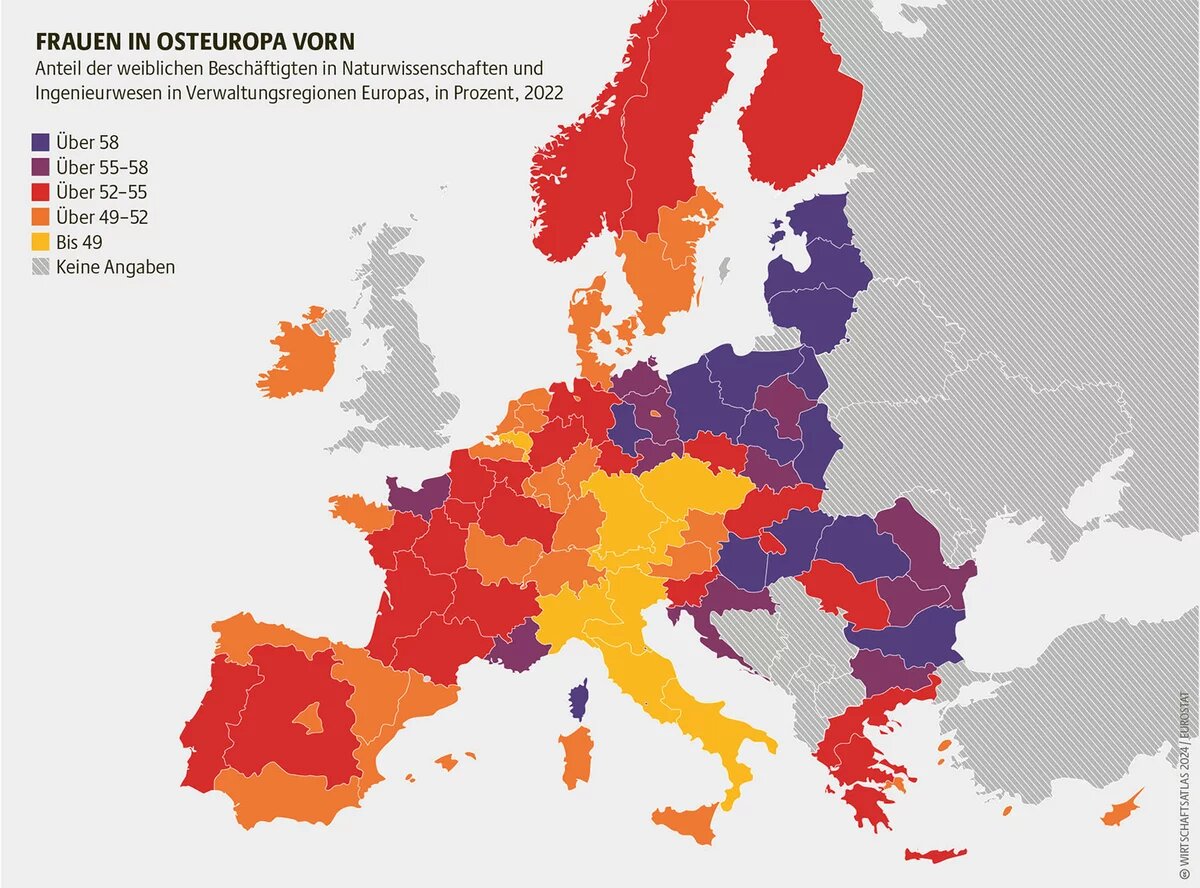 Wirtschaftsatlas Infografik: Frauen in Osteuropa vorn Anteil der weiblichen Beschäftigten in Naturwissenschaften und Ingenieurwesen in Verwaltungsregionen Europas, in Prozent, 2022
