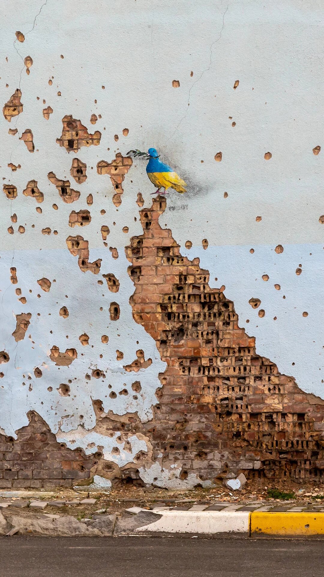 Eine zerstörte Mauer mit dem Graffiti eines Vogels in den Farben der Ukraine