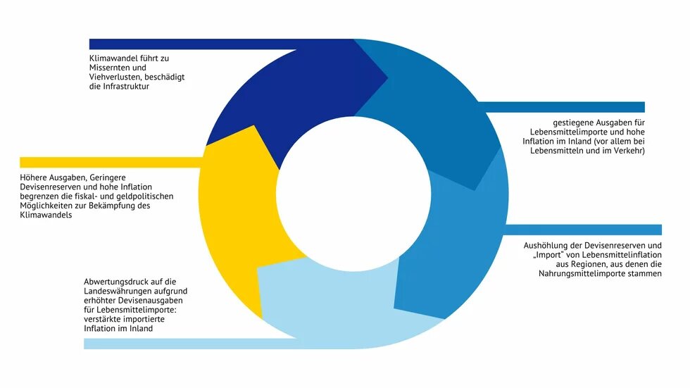 Illustration: Ein Kreisdiagramm zeigt den Kreislauf wirtschaftlicher Auswirkungen des Klimawandels. Text beschreibt Missernte, höhere Ausgaben, Inflation und Devisenreserven.