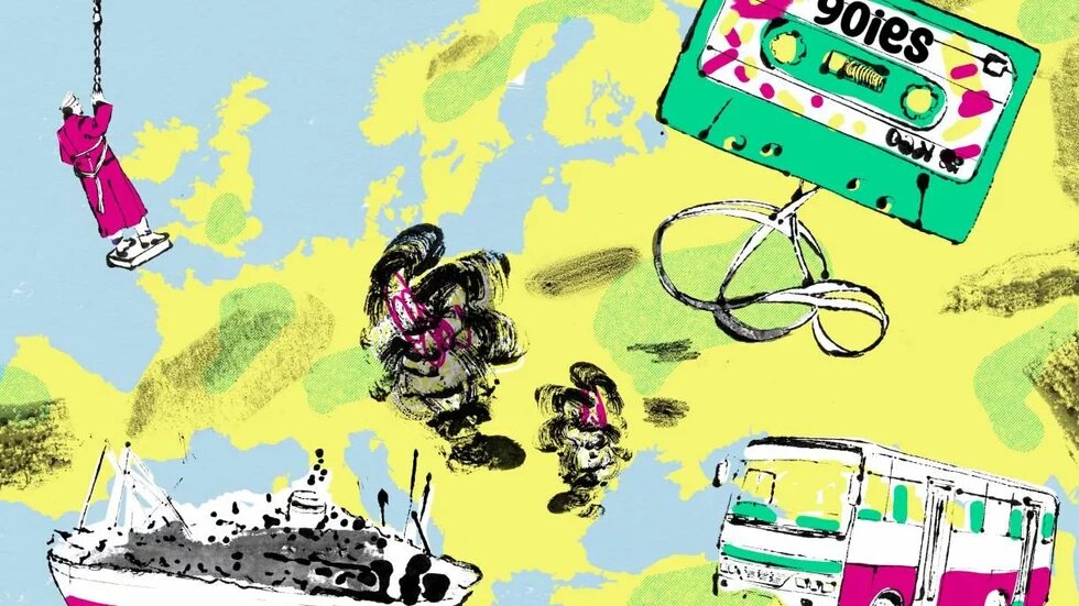 Illustration: Colorful elements such as a cassette labeled "90ies," a bus, a ship, a bicycle, and a hanging statue in front of a map of Europe.