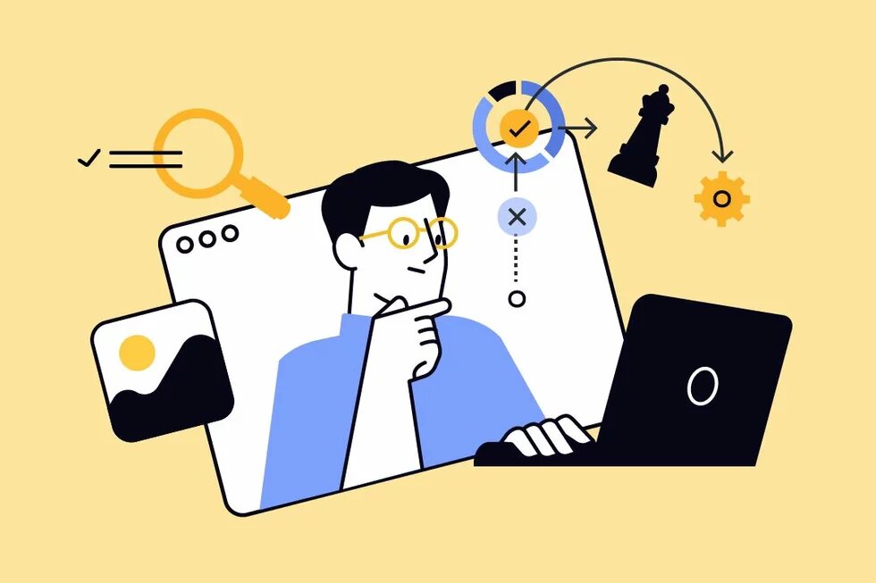 Politische Medienbildung Person mit Brille schaut nachdenklich auf Laptop, umgeben von Symbolen für Suche, Entscheidung, Strategie und Bildbearbeitung.