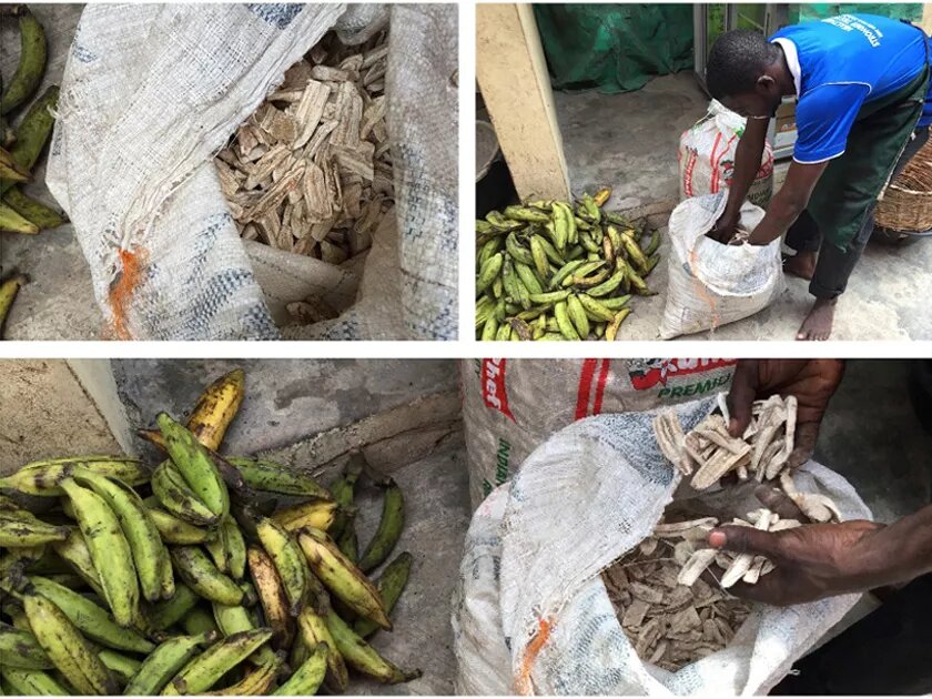 Kleinhändler in Lagos, Herstellung von Kochbananenmehl