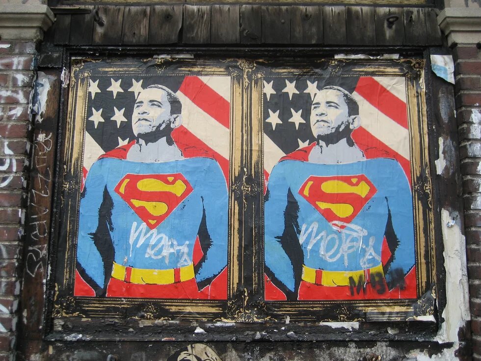 Barack Obama als Superman Paste-Up von Mr. Brainwash  