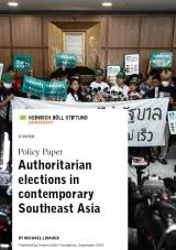 Cover mit dem Titel "Authoritarian elections in contemporary Southeast Asia" Im Hintergrund protestierende Menschen in Bangkok mit einem Schild, auf dem «Protect Our Vote» steht