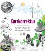 Kurskorrektur: Auf dem Weg in eine klimagerechte Welt Illustration: Eine Collage mit Erde, Windrädern, Pflanzen, Korallen, Fischen und Menschen beim Einpflanzen. Text: „Kurskorrektur – Auf dem Weg in eine klimagerechte Welt“.