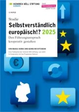 Cover: Selbstverständlich europäisch!? 2025 Titelgrafik einer Studie mit Sprechblasen, die Symbole wie Eurozeichen, Pfeil, Sterne und Deutschlandkarte zeigen.
