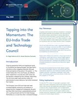 Titelseite einer Publikation mit dem Titel „Tapping into the Momentum: The EU-India Trade and Technology Council“, Mai 2025, Logos von Heinrich-Böll-Stiftung und CSDR.